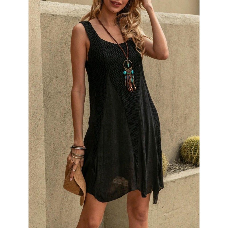 Unique Patchwork Asymmetrical Hem Black Mini Dress