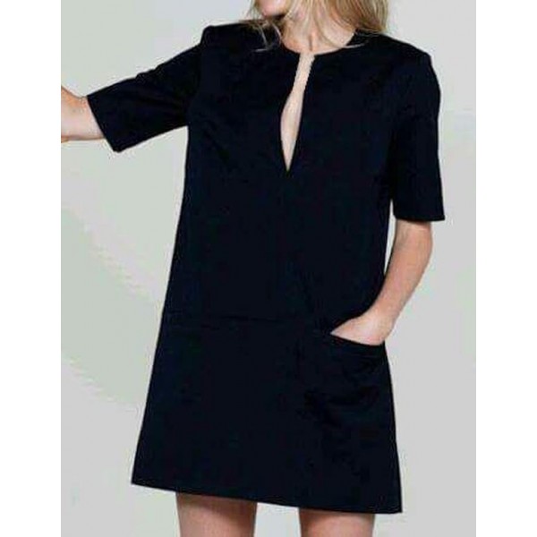 Modest Black Side Pocket Short Sleeve Mini Dress