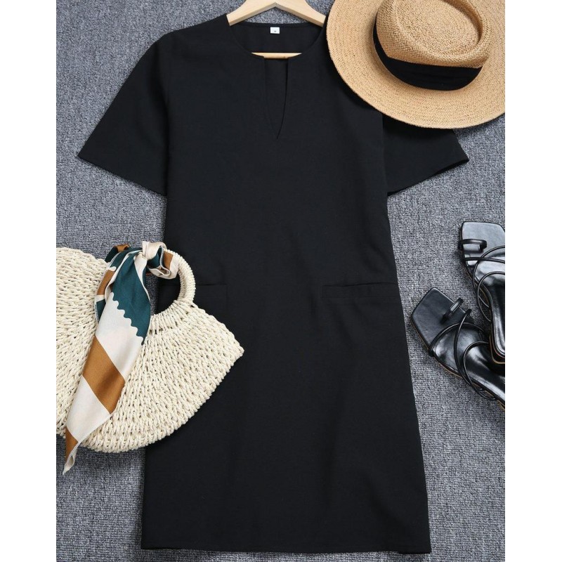 Modest Black Side Pocket Short Sleeve Mini Dress