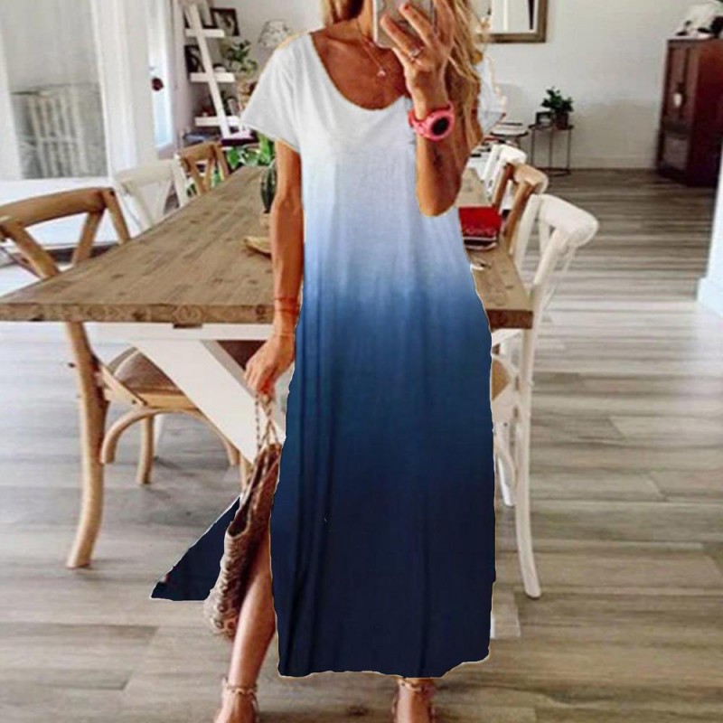 Casual Side Slit Color Block Midi Dress