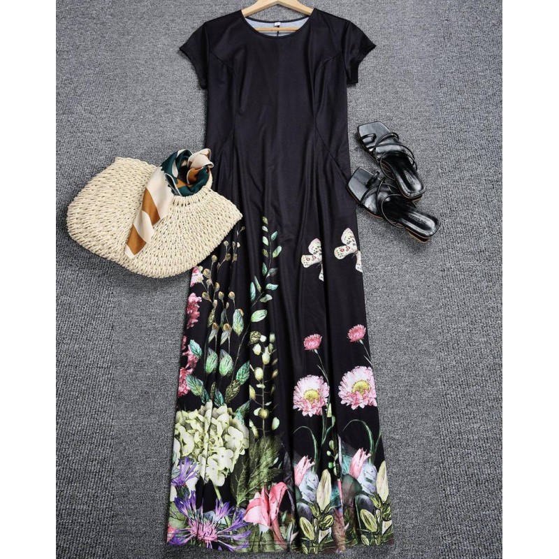 Attractive Black Short Sleeve Printed Midi Dress