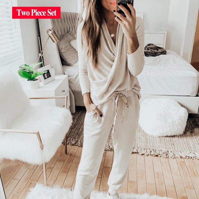 Casual Plain Crossed Long Sleeve Lounge Set