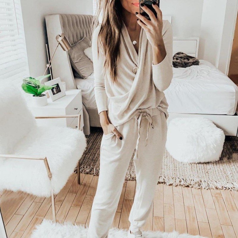 Casual Plain Crossed Long Sleeve Lounge Set