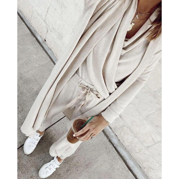 Casual Plain Crossed Long Sleeve Lounge Set