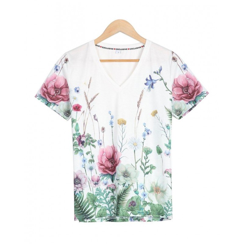 Stylish White V-Neck Short Sleeve Printed T-Shirt