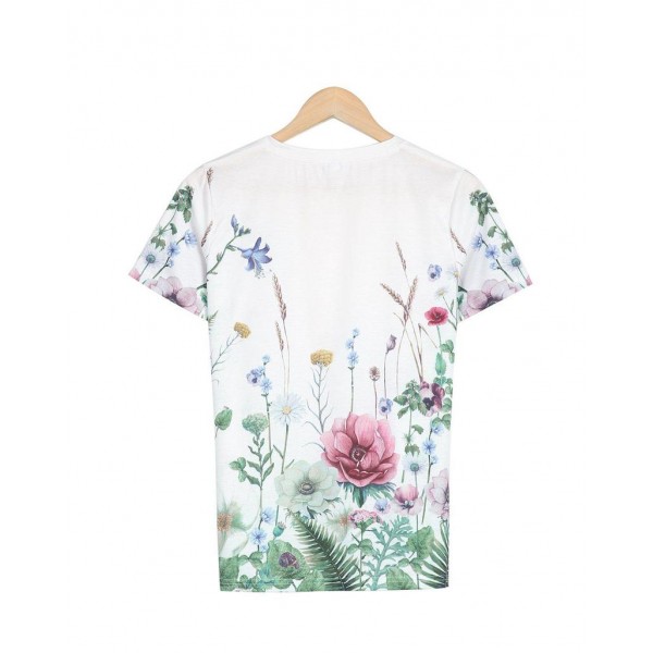 Stylish White V-Neck Short Sleeve Printed T-Shirt