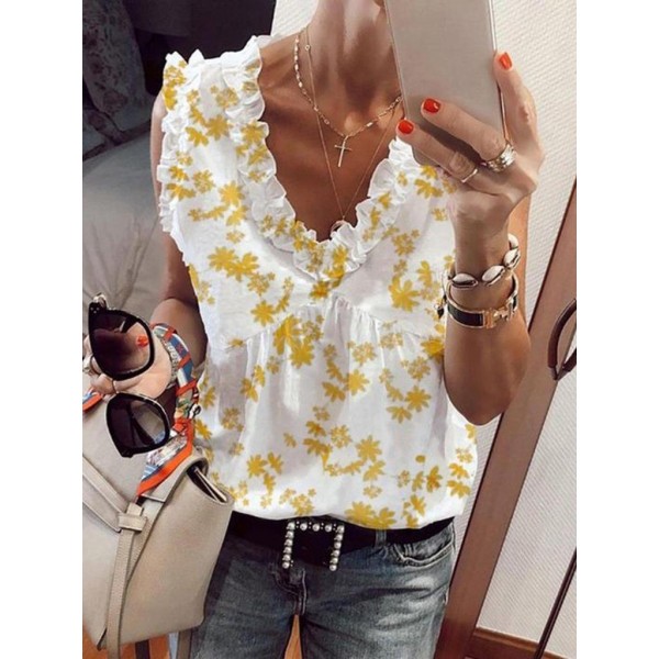 Fresh V-Neck Ruffled Trim Sleeveless Top