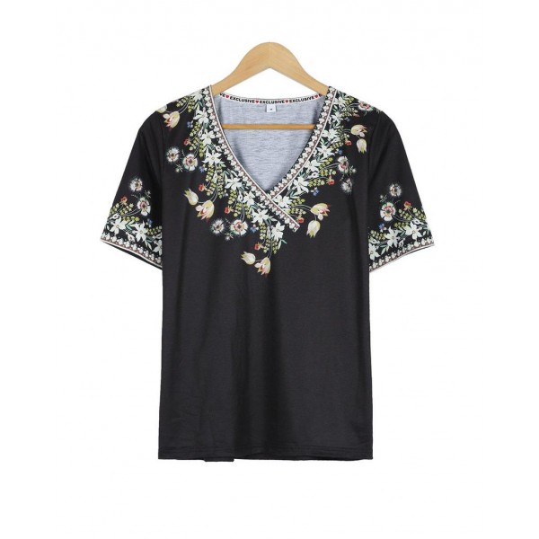 Retro Print V-Neck Short Sleeve Black Top