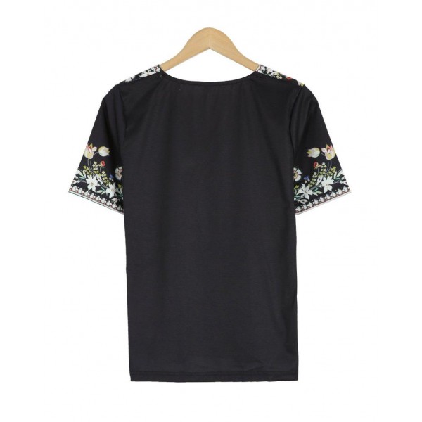 Retro Print V-Neck Short Sleeve Black Top