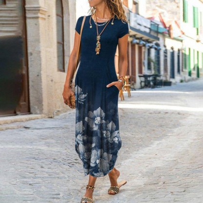 Elegant Floral Print Round Neck Midi Dress