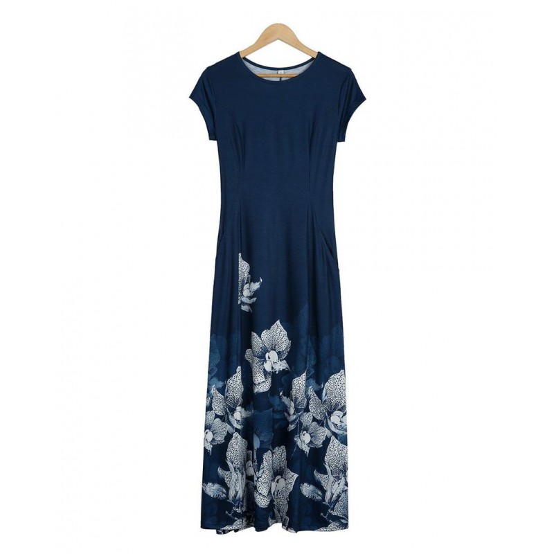 Elegant Floral Print Round Neck Midi Dress