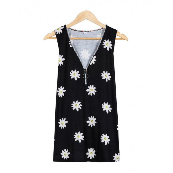 Simple V-Neck Print Sleeveless Top