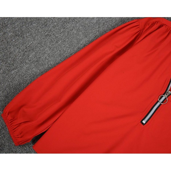 Stunning Red Plain Zipper V-Neck Top