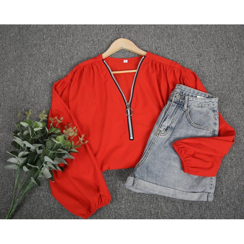 Stunning Red Plain Zipper V-Neck Top