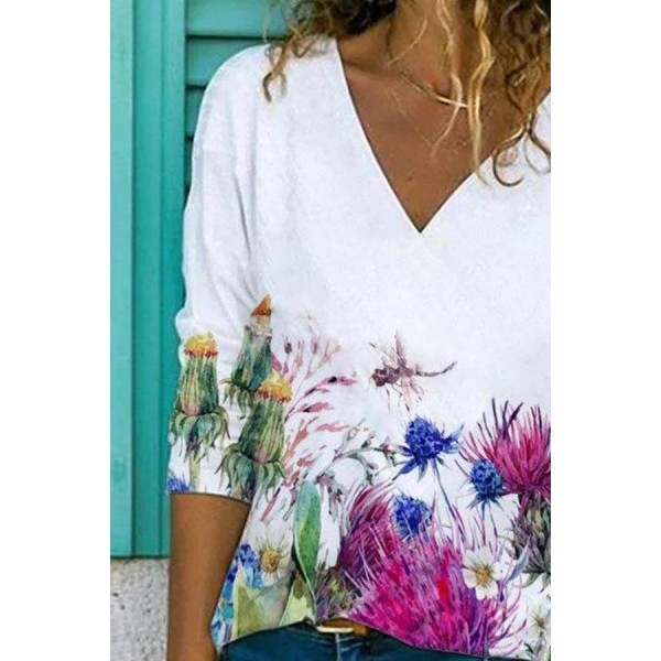 Attractive Print V-Neck Long Sleeve White Top