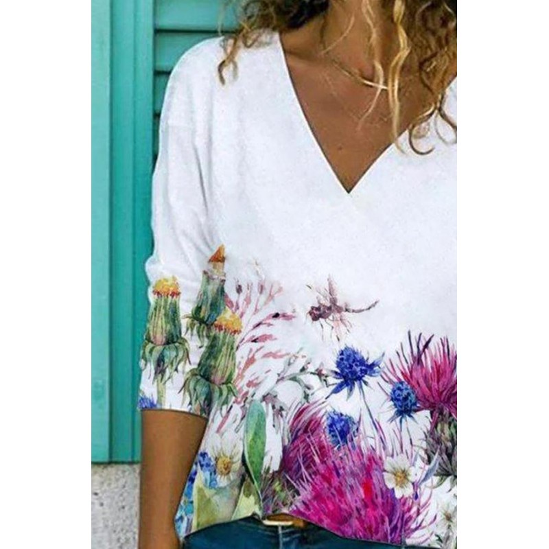 Attractive Print V-Neck Long Sleeve White Top