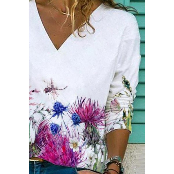 Attractive Print V-Neck Long Sleeve White Top