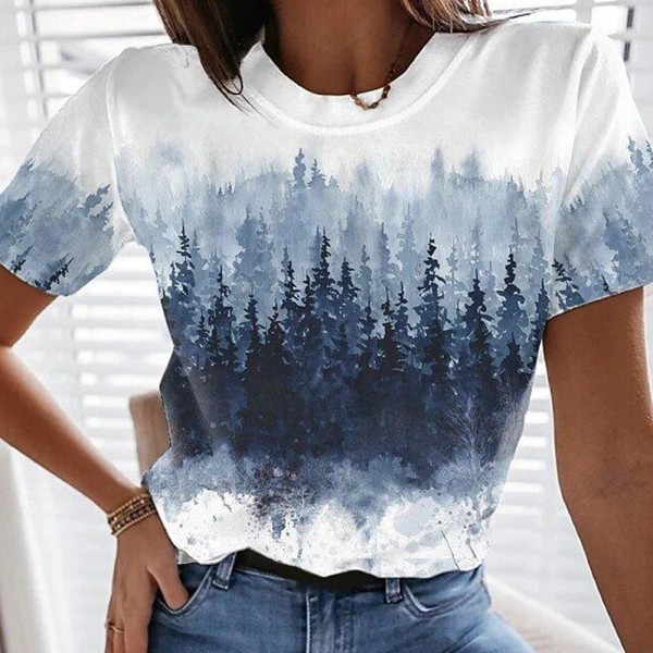 Romantic Landscape Print Short Sleeve Top