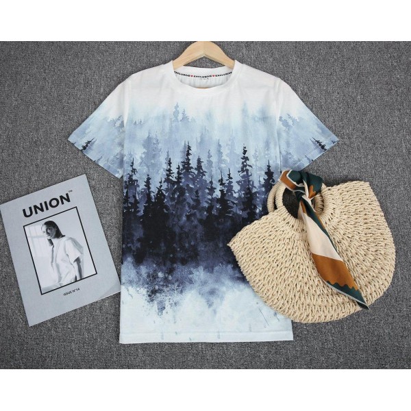 Romantic Landscape Print Short Sleeve Top