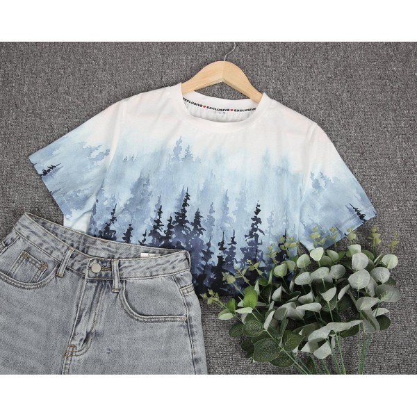 Romantic Landscape Print Short Sleeve Top