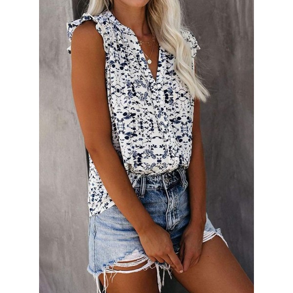 Fresh Print V-Neck Sleeveless Top