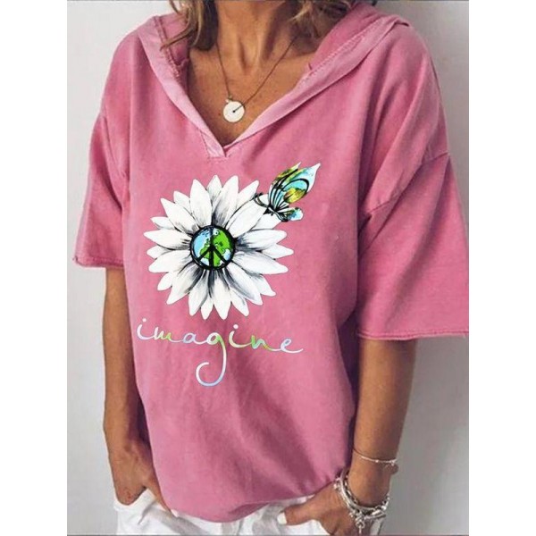 Attractive Print Short Sleeve Pink Hoodie