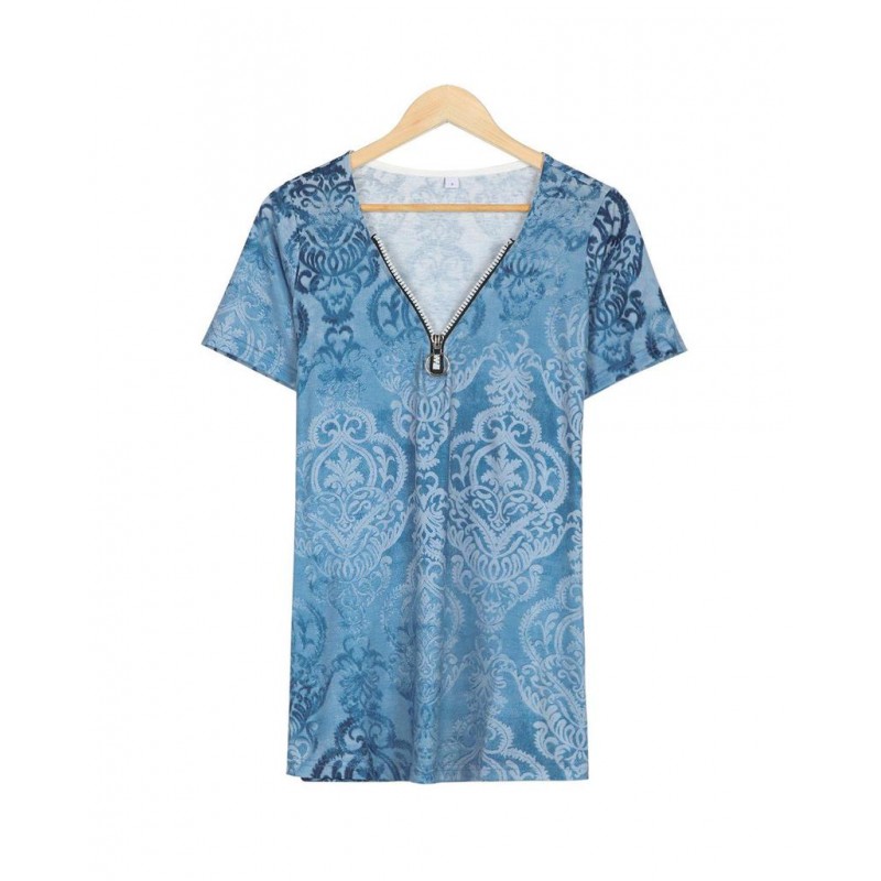 Retro Print Zip V-Neck Short Sleeve Top