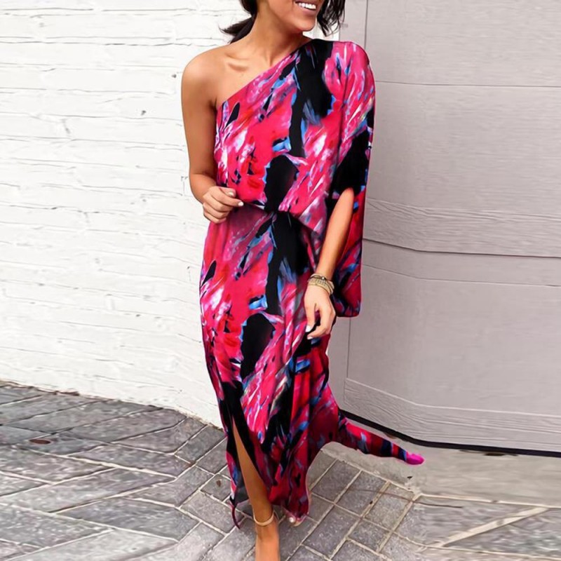 Showy Floral Print One Shoulder Maxi Dress