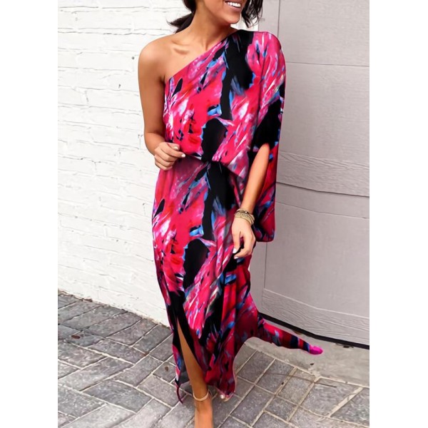 Showy Floral Print One Shoulder Maxi Dress