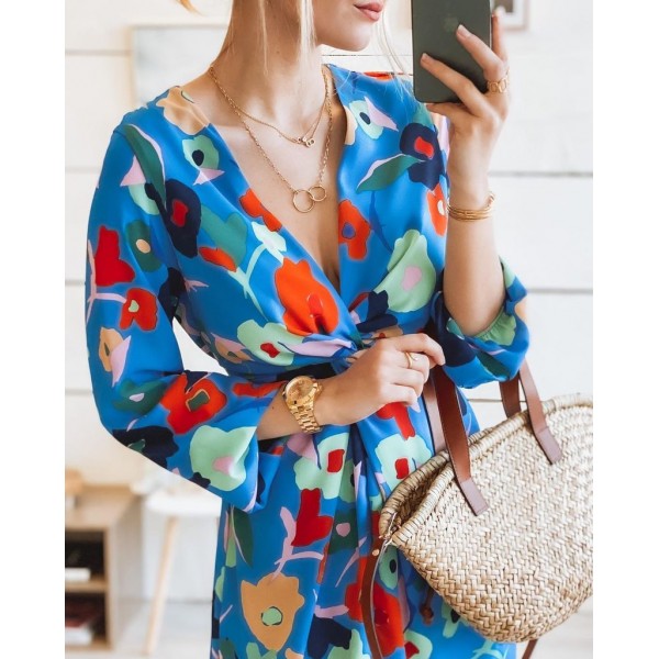 Fresh Floral Print Long Sleeve Mini Dress