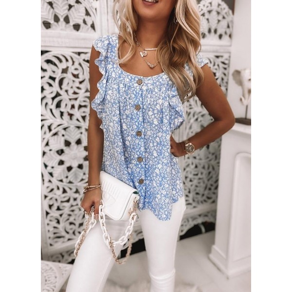 Fresh Round Neck Print Sleeveless Top