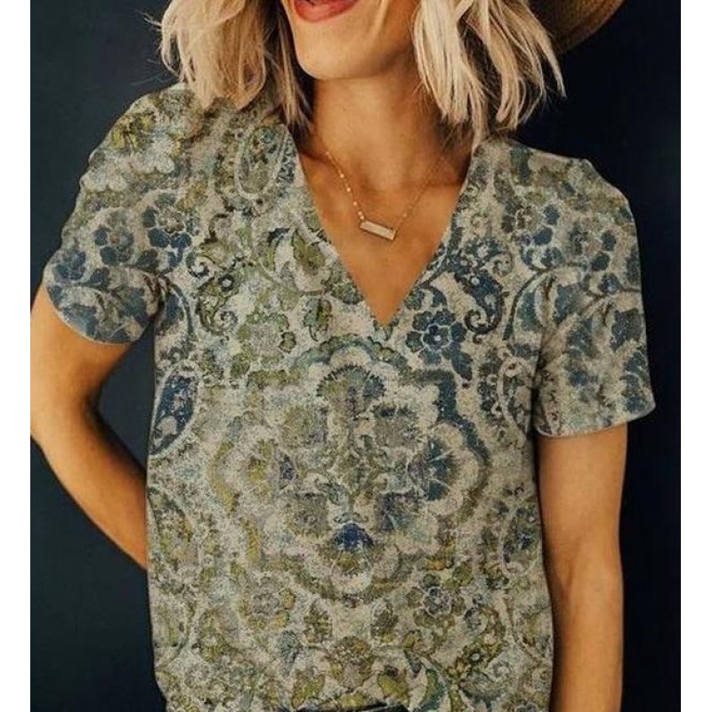 Chic Print V-Neck Short Sleeve Top