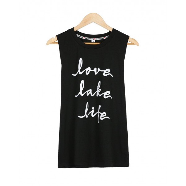 Casual Letter Print Sleeveless Black Top