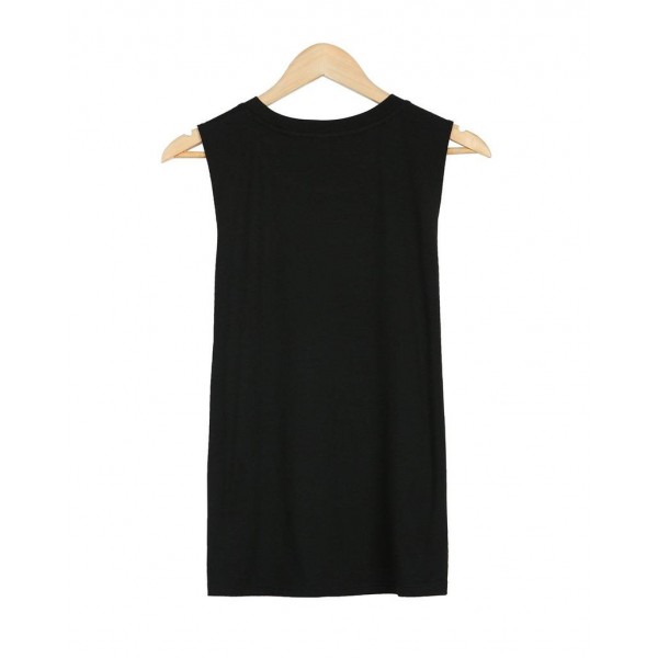 Casual Letter Print Sleeveless Black Top