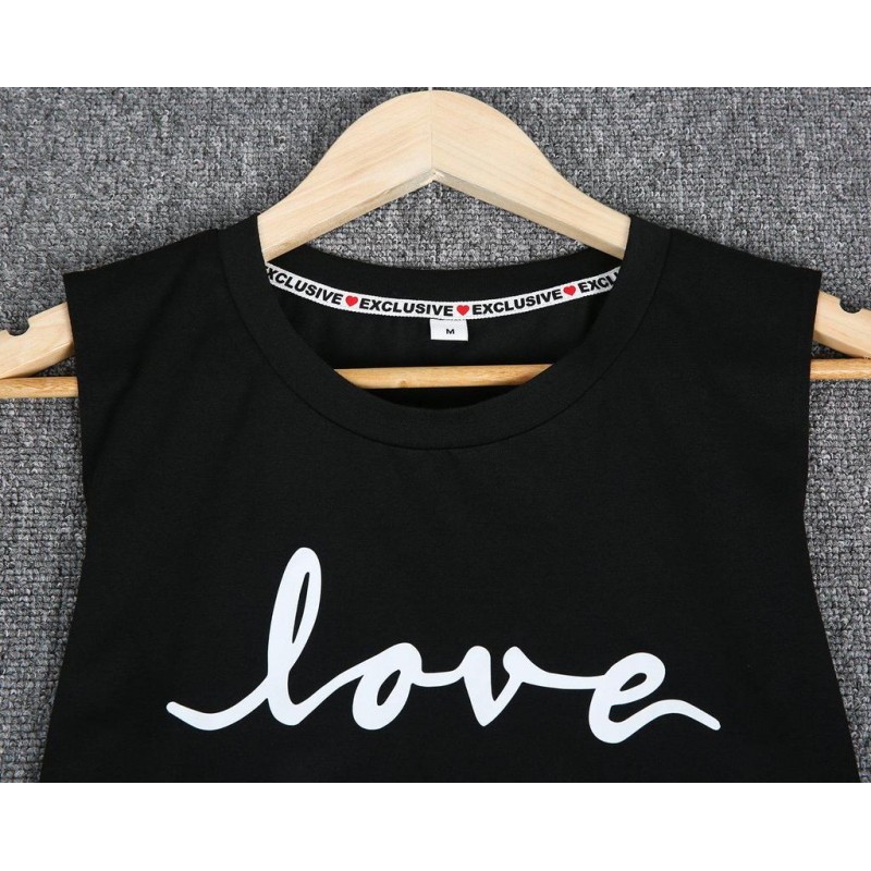 Casual Letter Print Sleeveless Black Top