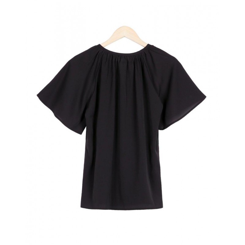 Chic Notched Neckline Short Sleeve Black Top