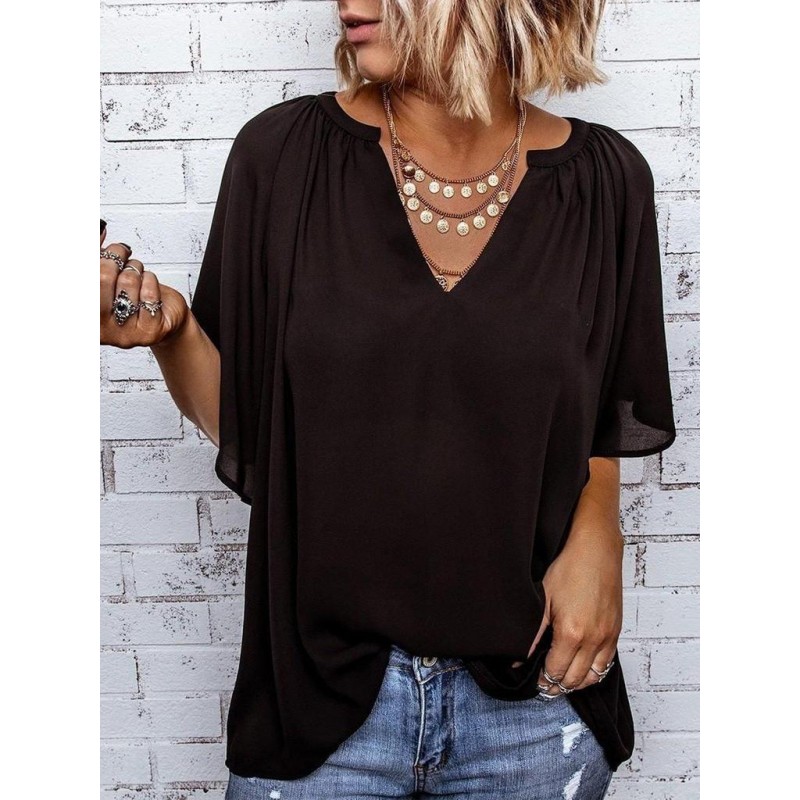 Chic Notched Neckline Short Sleeve Black Top