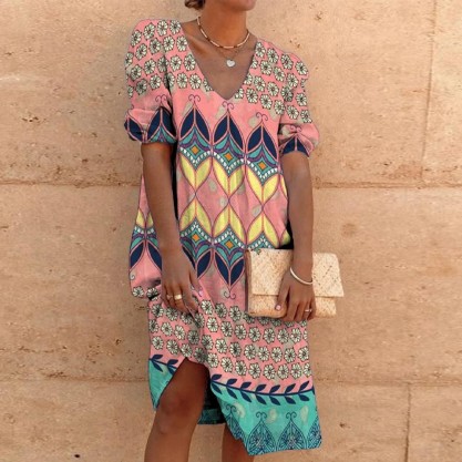 Distinctive Print V-Neck Short Sleeve Midi Dress