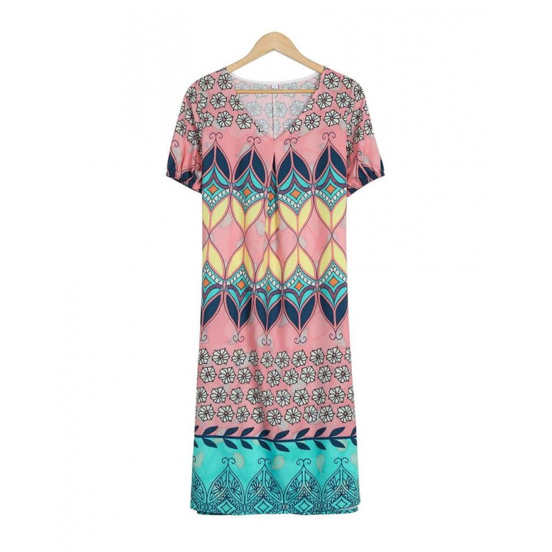 Distinctive Print V-Neck Short Sleeve Midi Dress