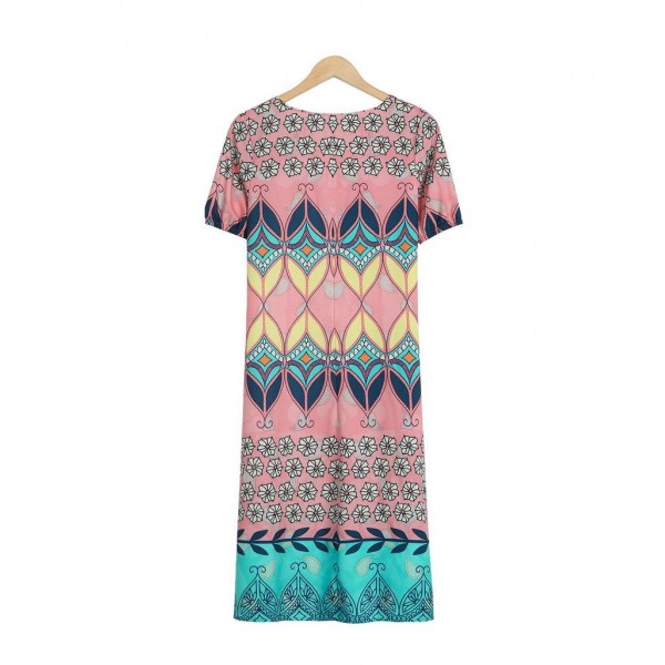 Distinctive Print V-Neck Short Sleeve Midi Dress