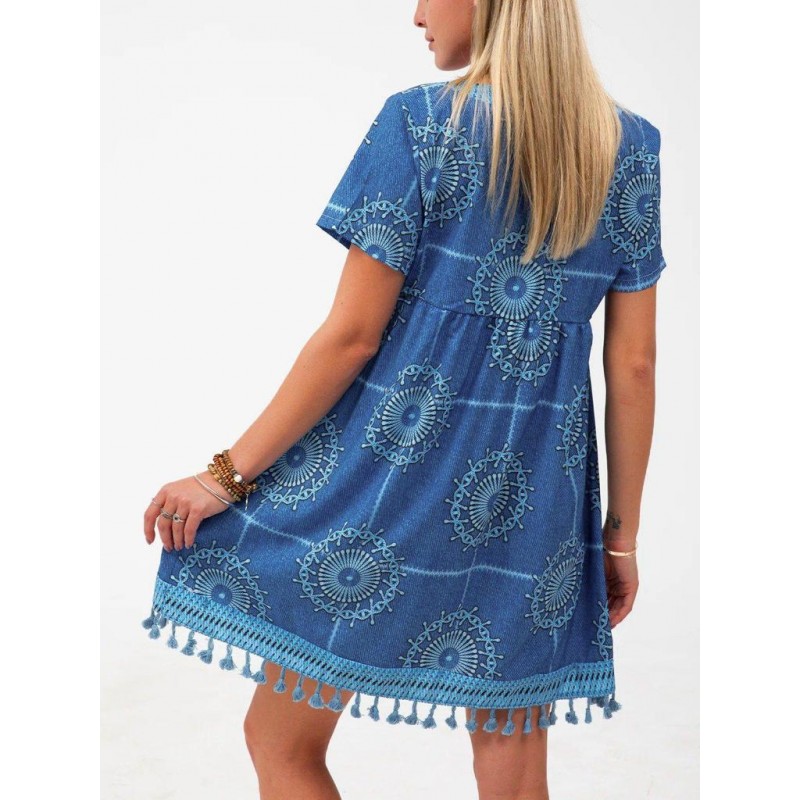 Retro Print Blue Short Sleeve Mini Dress