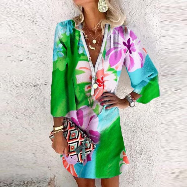 Stunning Print V-Neck Long Sleeve Mini Dress