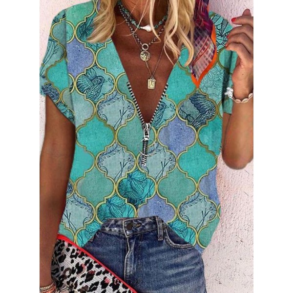 Chic Print Zip V-Neck Short Sleeve Top