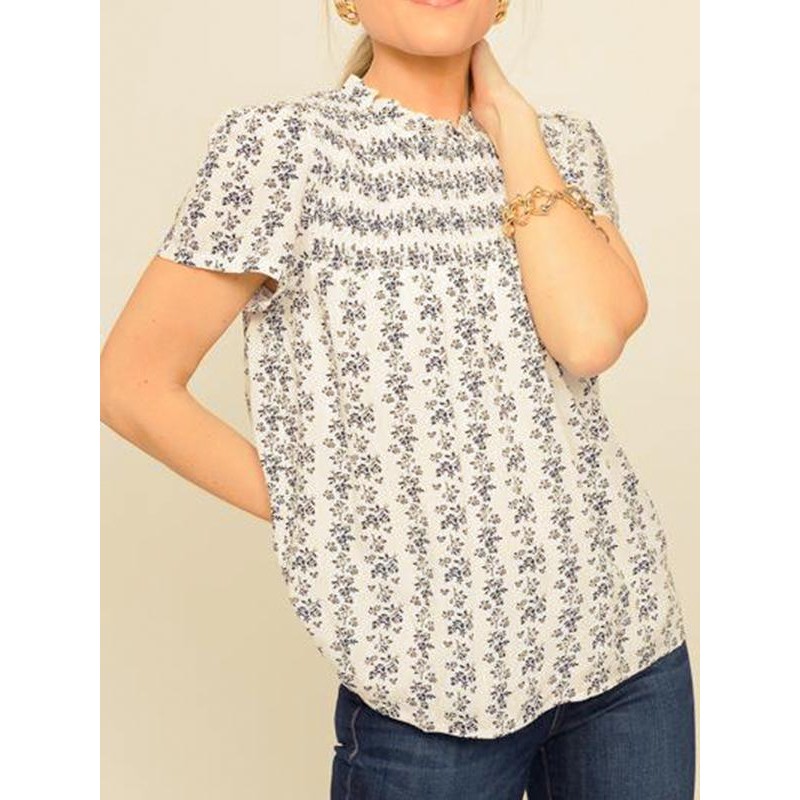 Retro Print Round Neck Short Sleeve Blouse