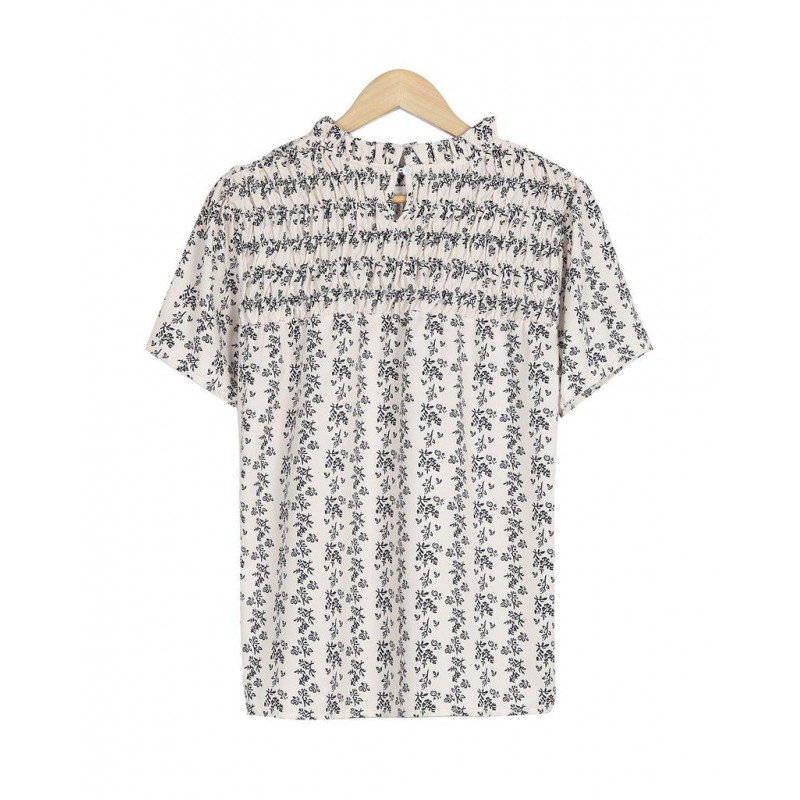 Retro Print Round Neck Short Sleeve Blouse