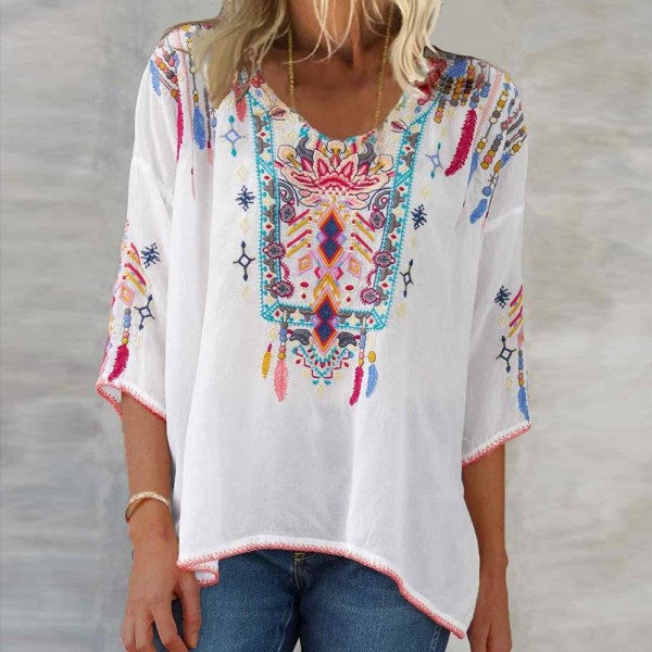 Baggy Short Sleeve Print White Top