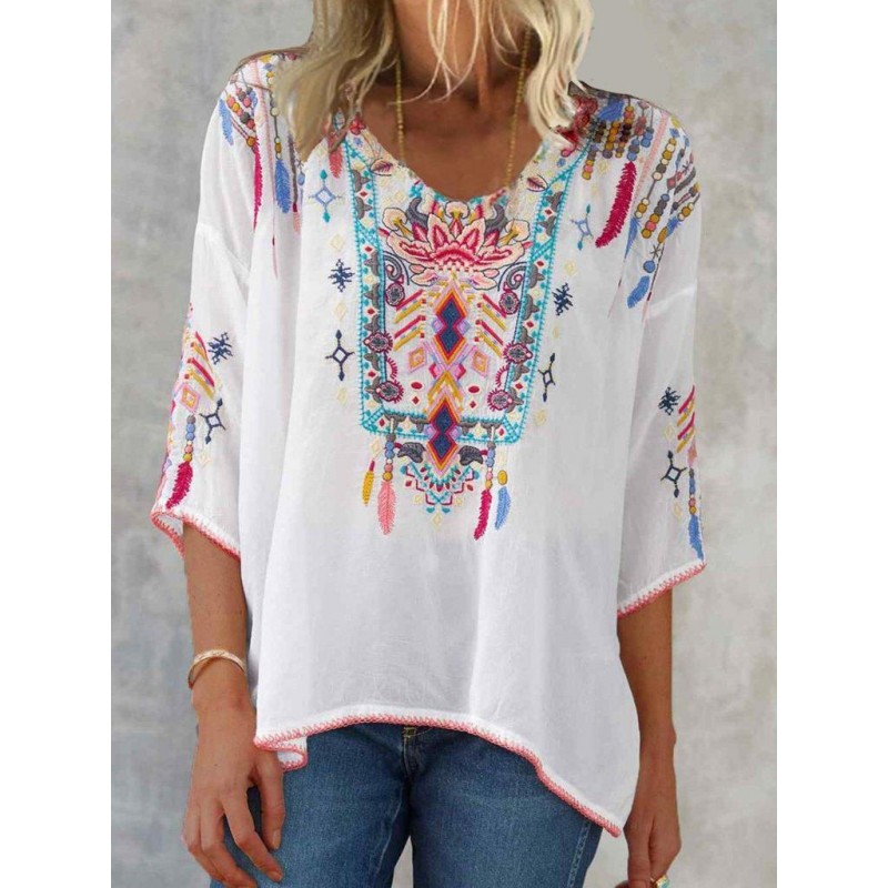 Baggy Short Sleeve Print White Top