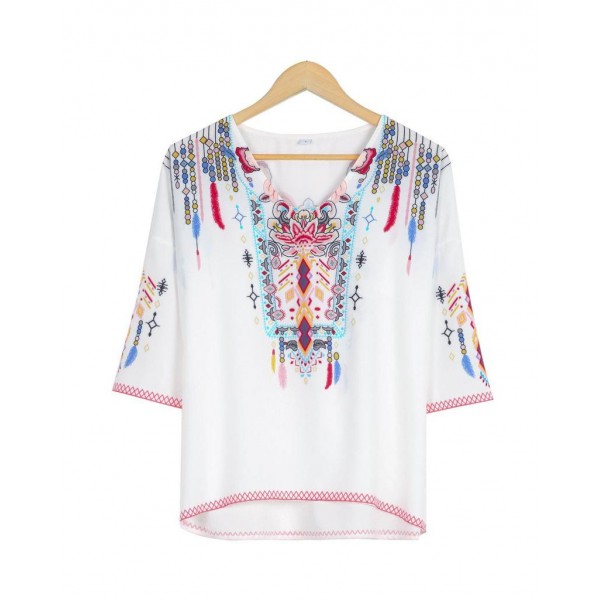 Baggy Short Sleeve Print White Top