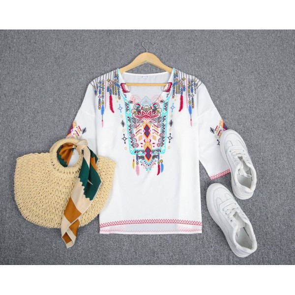 Baggy Short Sleeve Print White Top