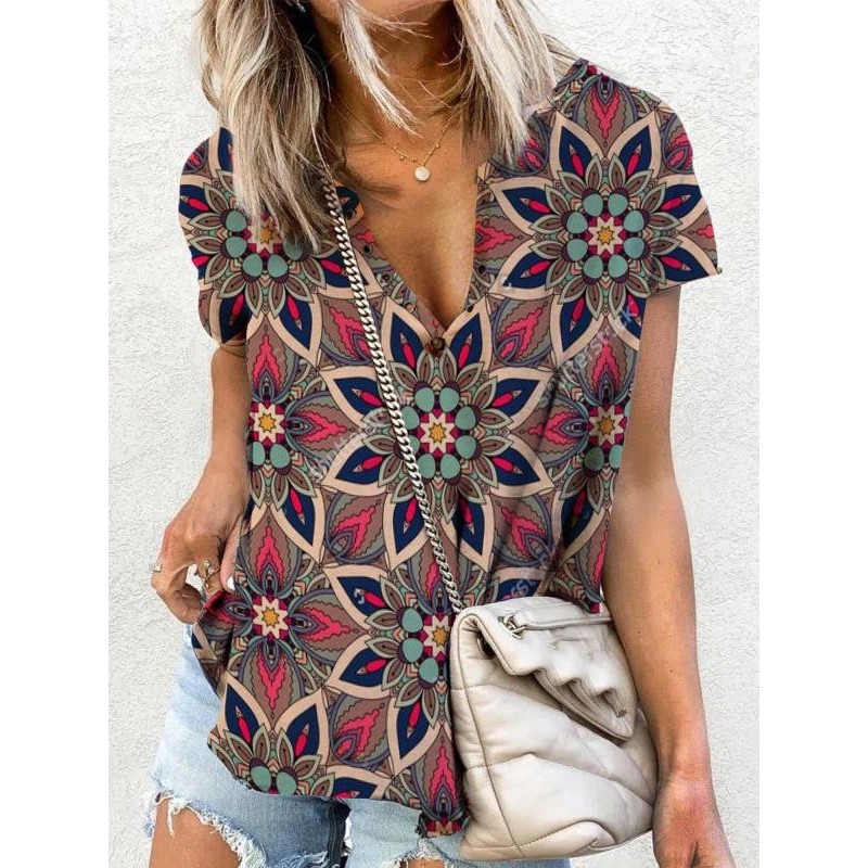 Retro Short Sleeve Print Top